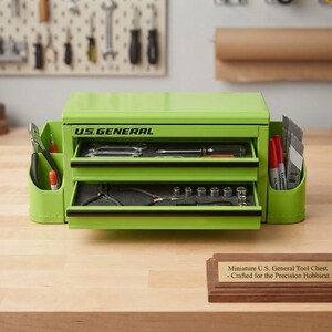 May include: A lime green U.S. General metal tool chest with two open drawers containing small hand tools and sockets. The unit features side storage compartments holding pliers and markers. A wooden plaque reads: Miniature U.S. General Tool Chest - Crafted for the Precision Hobbiest.
