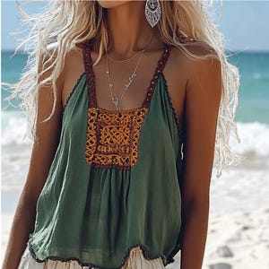 Top canotta verde stile boho da donna, canotta ricamata per vacanze al mare, gilet ampio e spirito libero