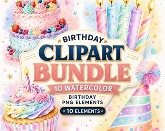Watercolor Birthday Clipart Bundle | Cake, Balloons, Party Hat Elements (Digital Download)