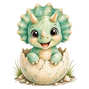 May include: A light green triceratops dinosaur with large dark eyes and three small horns emerging from a cracked, speckled eggshell. The creature has a wide, smiling mouth and a frilled head crest, depicted in a soft, watercolour-style illustration.
