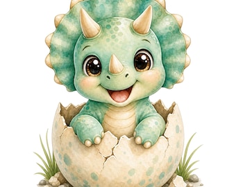 Baby Triceratops Egg PNG | Watercolor Hatching Dinosaur Clipart | Digital Download