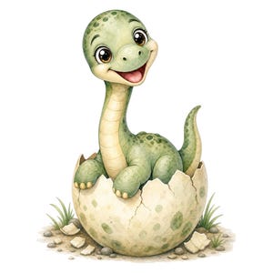 Può includere: Un'illustrazione a cartoni animati di un piccolo dinosauro verde chiaro con macchie verde scuro che emerge da un uovo screziato e incrinato. Il dinosauro ha un collo lungo, grandi occhi scuri e un ampio sorriso, con le zampe anteriori sul bordo.
