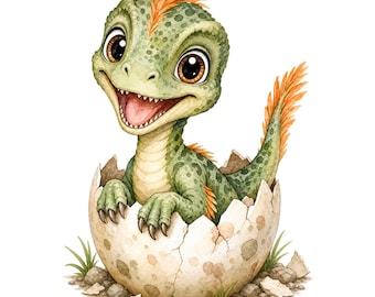 Baby Velociraptor Egg PNG | Watercolor Hatching Dinosaur Clipart | Digital Download