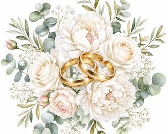 Watercolor Wedding Clipart Bundle | Floral Bouquet, Cake, Rings (Digital Download)