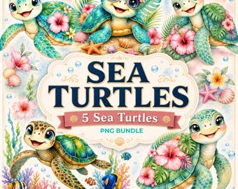 Watercolor Sea Turtle PNG Bundle | 5 Coastal Beach Nursery Clipart (Digital Download)