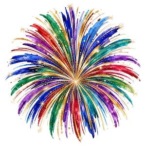 May include: A vibrant watercolor illustration of a firework burst featuring radiating streaks of red, blue, green, and purple paint. The design includes fine gold glitter accents and small star-shaped sparkles scattered throughout the composition.