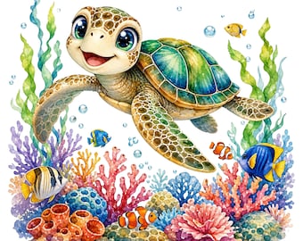 Watercolor Sea Turtle PNG Bundle | 5 Coastal Beach Nursery Clipart (Digital Download)