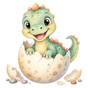 Può includere: Un cucciolo di drago verde chiaro con macchie verde scuro e punte dorsali arancioni che emerge da un uovo color crema screziato e incrinato. La creatura ha grandi occhi scuri, una bocca sorridente e una coda curva, in stile acquerello.