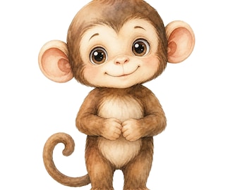 Baby Monkey Watercolor PNG | Safari Animal Clipart, Nursery Decor (Digital Download)
