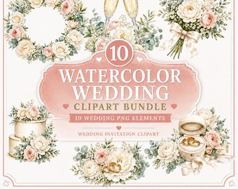 Watercolor Wedding Clipart Bundle | Floral Bouquet, Cake, Rings (Digital Download)