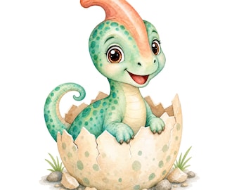 Baby Parasaurolophus Egg PNG | Watercolor Hatching Dinosaur Clipart | Digital Download