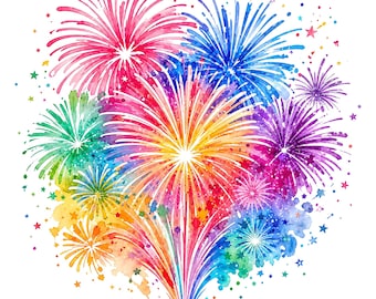 Rainbow Fireworks PNG | Colorful Watercolor Fireworks Clipart | Party Celebration PNG | Instant Download