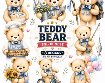 Watercolor Teddy Bear Clipart Bundle | 8 Bear Nursery PNG Designs (Digital Download)