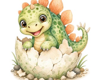 Baby Stegosaurus Egg PNG | Watercolor Hatching Dinosaur Clipart | Digital Download