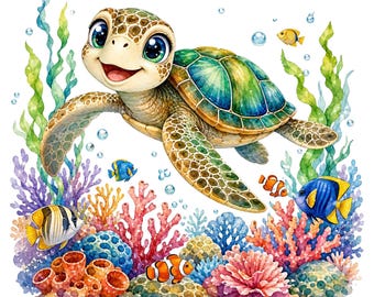 Watercolor Sea Turtle Coral Reef PNG | Ocean Marine Animal Clipart (Digital Download)