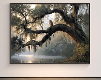 May include: A framed wall art print depicting a large, moss-draped oak tree extending over a misty, calm body of water. A small brown owl is perched on a thick, curved branch. The scene is illuminated by soft, golden sunlight filtering through trees.