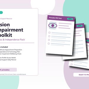 May include: A Vision Impairment Toolkit printable support resource featuring five PDF documents. The cover page displays the title, a list of included items like healthcare appointment preparation, and the text 5 PDF printables and Ready to Print.