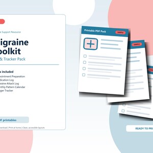 May include: A digital Migraine Toolkit Log & Tracker Pack featuring a main cover page with the text #05, Printable Support Resource, Migraine Toolkit, Log & Tracker Pack, and a list of included items, alongside three stacked sample PDF pages.