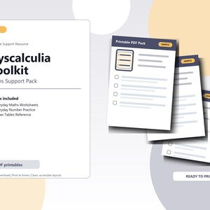 Può includere: Un kit di risorse stampabili Dyscalculia Toolkit Maths Support Pack con una pagina di copertina che riporta il testo #10, Printable Support Resource, Dyscalculia Toolkit, Maths Support Pack, What's included e 3 PDF printables, insieme a pagine di esempio.