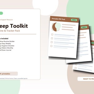 Könnte beinhalten: Ein digitales Schlaf-Toolkit mit fünf druckbaren PDF-Seiten. Das Dokument enthält einen Schlafroutine-Planer, ein wöchentliches Schlaftagebuch, eine Checkliste für Schlafhygiene, einen monatlichen Schlafmuster-Tracker und ein Journal.