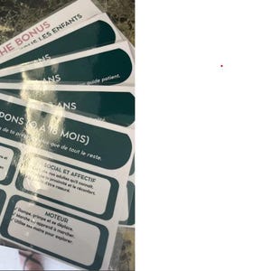 May include: A set of laminated cards bound by a metal ring, featuring dark green rectangular headers with white text. The top card is titled POUPONS (0 À 18 MOIS) and includes sections labeled LANGAGE, SOCIAL ET AFFECTIF, COGNITIF, and MOTEUR with French text.