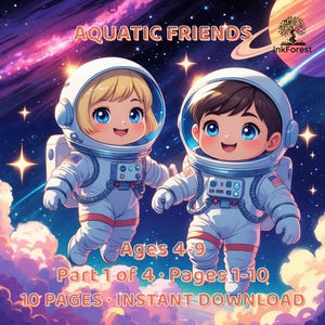May include: A digital illustration titled AQUATIC FRIENDS featuring two cartoon astronauts in white space suits floating in a starry galaxy with pink and purple clouds. Text includes Ages 4-9, Part 1 of 4, Pages 1-10, 10 PAGES, INSTANT DOWNLOAD.