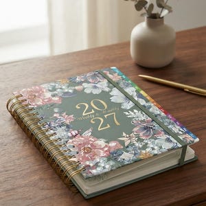 May include: A 2027 weekly and monthly planner with a dark green cover featuring a floral pattern in shades of pink, blue, and white. The planner has gold-colored spiral binding, a green elastic closure band, and gold text reading 2027.