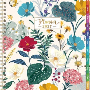 May include: A 2027 spiral-bound planner with a cream-colored cover featuring a vibrant botanical print of red, yellow, and blue flowers, green leaves, and a butterfly. The center displays the text Planner 2027, and the side has monthly tabs.