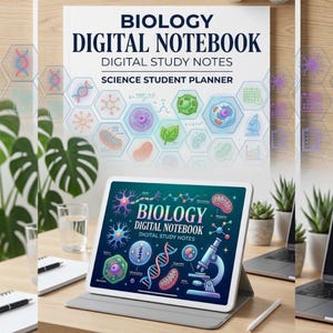 May include: A digital tablet displaying a Biology Digital Notebook with colourful illustrations of cells, DNA, and a microscope. The screen features the text Biology Digital Notebook Digital Study Notes. The tablet is in a grey case on a wooden desk.