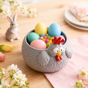 7 Inch Cute Ceramic Hen Snack & Egg Bowl,Textured Rooster Design,Perfect for Countertop,Farmhouse Decor and Daily Use,Grey and Red