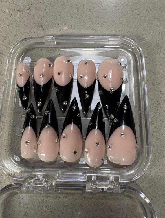 Black French Tip Stiletto Nails with Crystal Accents | HEMA-Free Gel Press-Ons