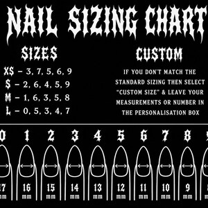 May include: A black and white nail sizing chart featuring gothic-style text. It lists standard sizes XS through L with corresponding numerical codes and provides instructions for custom sizing. Below, ten nail shapes are labeled 0 through 9.