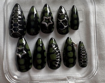 Handmade Dark Green Snake Print Almond Press On Nails with Chrome Stars (HEMA-Free)