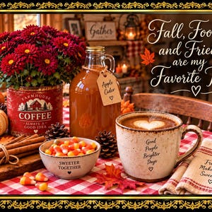 Può includere: Una composizione autunnale con un barattolo di caffè rosso contenente crisantemi rosso scuro, una caraffa di vetro di sidro di mele, una ciotola di caramelle al mais con la scritta "Sweeter Together" e una tazza con schiuma a cuore "Good People Brighter Days".