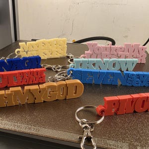 Könnte beinhalten: Eine Sammlung von 3D-gedruckten Kunststoff-Schlüsselanhängern in verschiedenen Farben, die jeweils geprägten Text wie "MY EYES", "YOU'RE MY LOBSTER", "I KNOW", "PIVOT", "SEVEN" und "OH MY GOD" tragen. Jeder Anhänger ist an einem silberfarbenen Metallring befestigt.