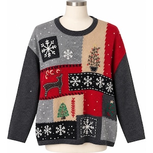 May include: A long-sleeve crew neck sweater featuring a patchwork design with red, gray, black, and beige panels. The knit pattern includes embroidered snowflakes, a reindeer, and Christmas trees with white dot accents throughout the fabric.