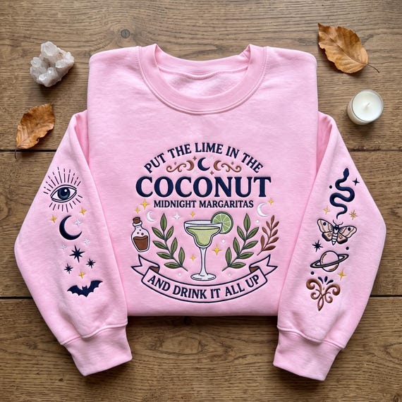 Embroidered hoodie, pink spooky hoodie, cocktail aesthetic pullover, midnight margaritas top, magic sweatshirt, cute witchy apparel