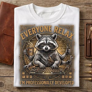 Camiseta divertida de mapache desarrollador / Camiseta "Tranquilos todos, soy un desarrollador profesional" / Regalo para ingenieros de software y programadores