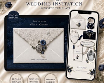 Wedding Website Template with RSVP | Editable Canva Template | Midnight Garden Wedding Invitation | Navy Blue Wedding  | Instant Download