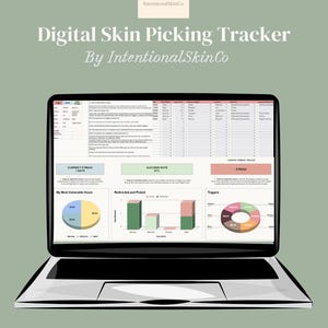 May include: A digital skin picking tracker displayed on a laptop screen, featuring the text IntentionalSkinCo, Digital Skin Picking Tracker, and By IntentionalSkinCo. The interface includes data tables, a current streak, success rate, and charts.