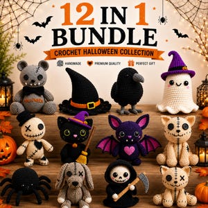 Könnte beinhalten: Ein 12-in-1-Set aus gehäkelten Halloween-Figuren, darunter ein grauer Bär, ein schwarzer Hexenhut, eine schwarze Krähe, ein weißer Geist mit violettem Hut, eine Voodoo-Puppe, eine schwarze Katze, eine violette Fledermaus, eine beige Katze und eine Spinne.