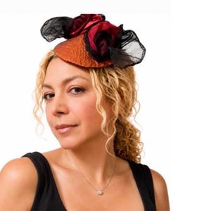 Handmade Burgundy & Red Floral Fascinator with Rust Orange Base and Black Butterfly Tulle