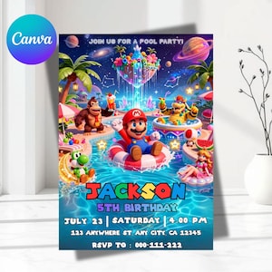 May include: A digital invitation for a pool party featuring Mario characters including Donkey Kong, Yoshi, Bowser, and Princess Peach in a tropical water setting. The text reads: JOIN US FOR A POOL PARTY! JACKSON 5TH BIRTHDAY JULY 23 SATURDAY 4.00 PM.