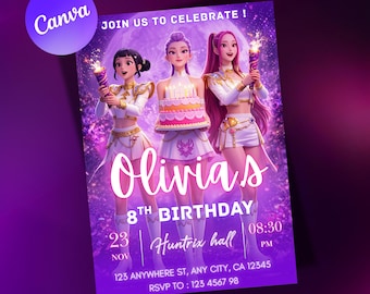 May include: A birthday invitation flyer featuring three animated characters in white and gold outfits against a purple background. Text reads: JOIN US TO CELEBRATE! Olivia's 8TH BIRTHDAY, 23 NOV, 08:30 PM, Huntrix hall, ANY CITY, CA 12345, RSVP TO: 123 4567 98.