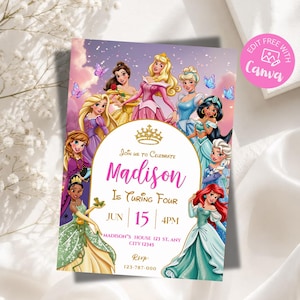May include: A rectangular birthday invitation card featuring illustrations of various princesses in colorful gowns surrounding a central white oval frame. The text reads: Join us to Celebrate Madison Is Turning Four JUN 15 4PM MADISON'S HOUSE 123 ST. ANY CITY 12345 RSVP 123-787-000.