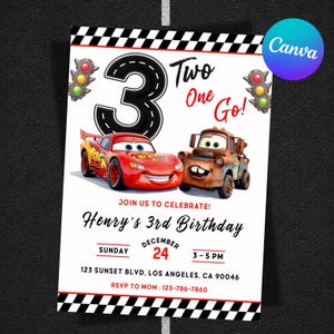 May include: A birthday invitation card featuring a checkered border, a large number 3, and the text Two One Go. It displays a red race car and a brown tow truck, with details for Henry's 3rd Birthday on Sunday, December 24, from 3-5 PM at 123 Sunset Blvd.