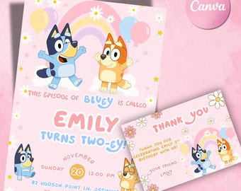 Modèle d'invitation d'anniversaire Bluey, invitation Canva modifiable, invitation à une fête d'anniversaire Bluey, invitation d'anniversaire pour fille, téléchargement numérique