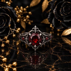 Puede incluir: Un anillo de tono plateado con una gran piedra preciosa redonda de color rojo intenso en el centro, sujeta por cuatro garras. La banda presenta detalles intrincados de metal en forma de enredadera y pequeñas piedras rojas incrustadas en los lados.