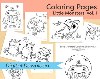 DIGITAL DOWNLOAD: Monsters Coloring Book, Coloring Pages, Printables, Cute Coloring Book, Kids Coloring Book, Instant Download