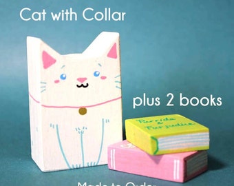 Miniature Solid Color Handmade Wooden Cat with Collar & 2 Books - Unique painted wooden cat, kitty figurine, desk friends